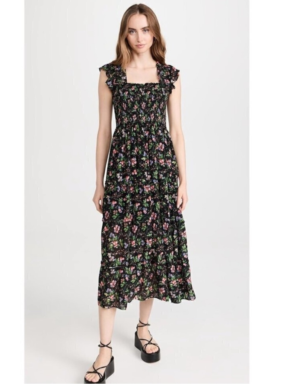 Hill House Ellie Nap Dress XS Berry Floral Black Smocked Midi Ruffle Sleeve